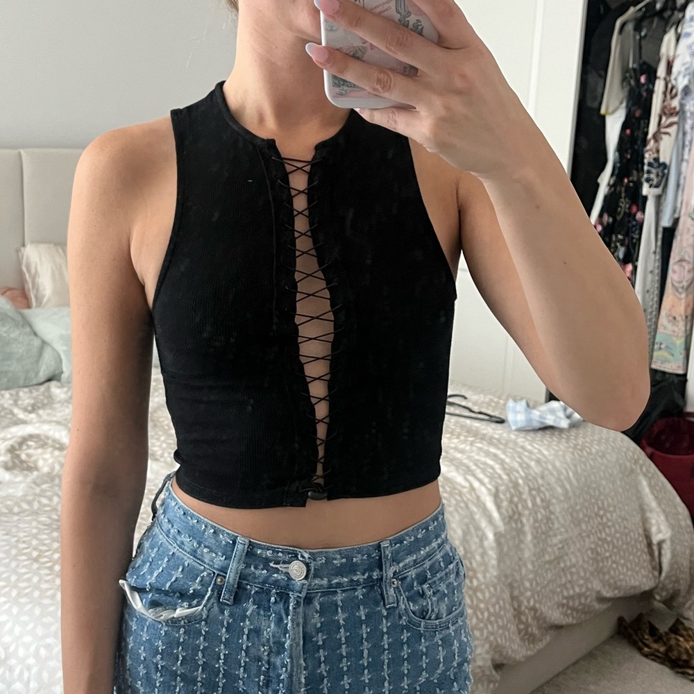 Black Sleeveless Lace-Up Top